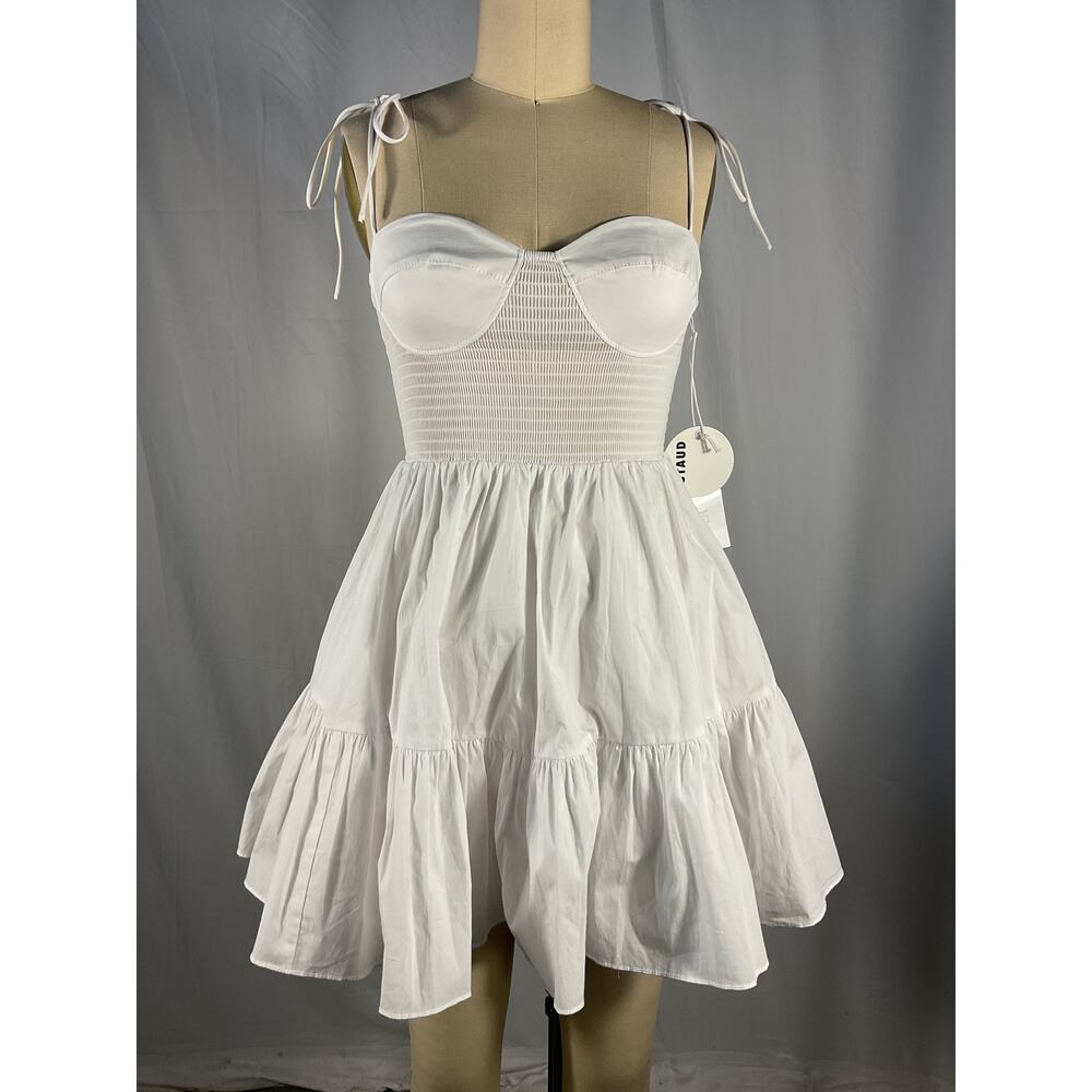 STAUD White Tie-Shoulder Tiered Mini Dress